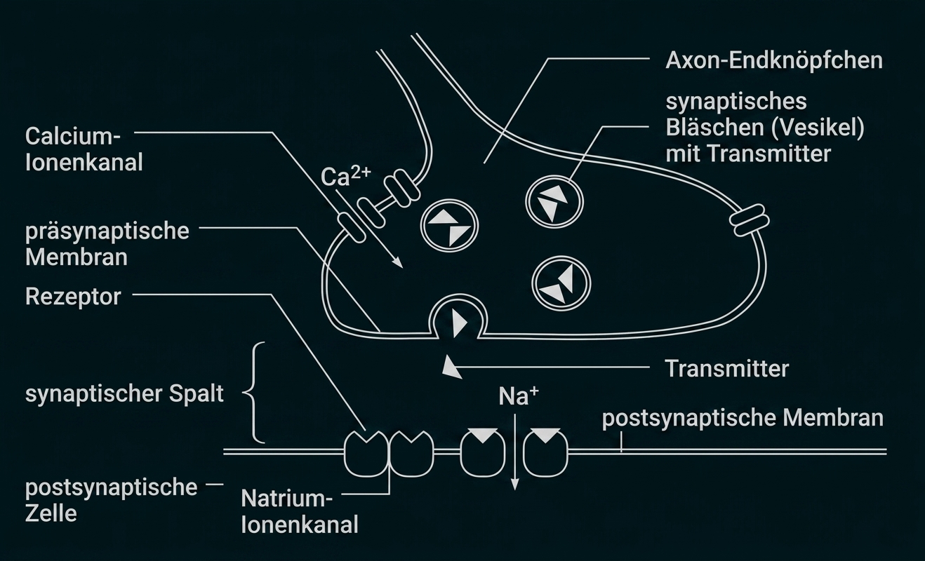 Schematische Darstellung einer Synapse mit Vesikeln, Transmitter, Calcium- und Natriumkanälen.